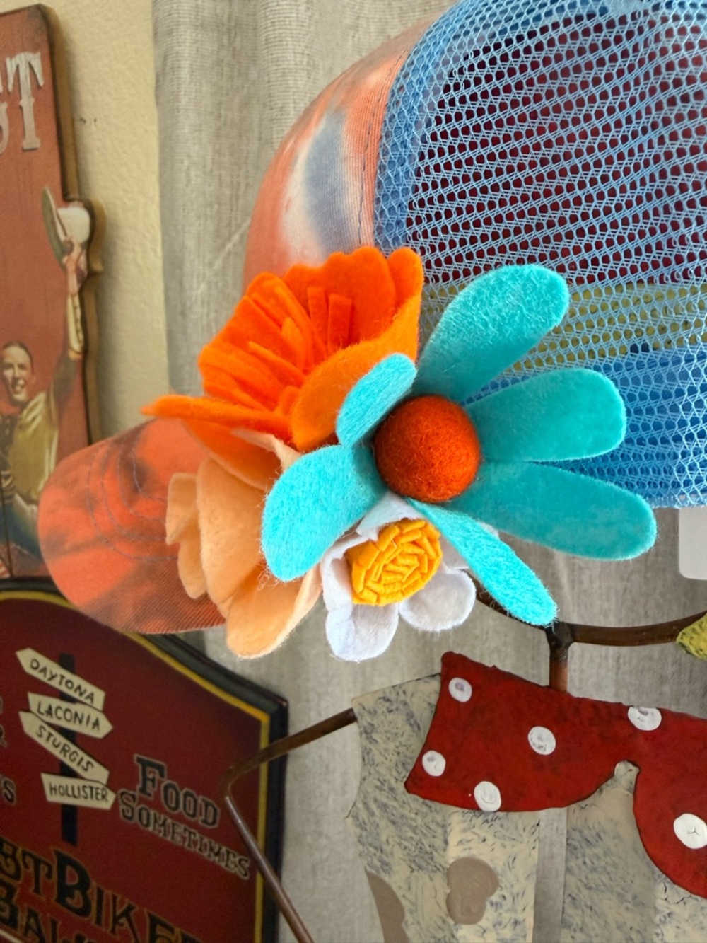 Tie-Dye Orange & Blue poppy Flower Trucker Hat - Picture 3 of 8